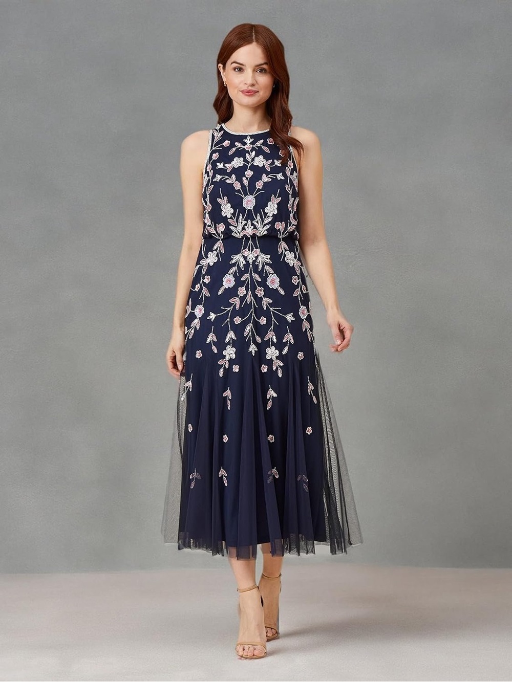 Adrianna Papell Women's Beaded Blouson sleeveless navy size 4 Gown dress small